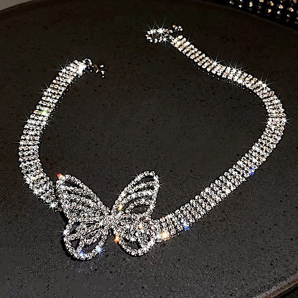 Silver Butterfly Crystal Rhinestone Choker - Picture 2 of 7